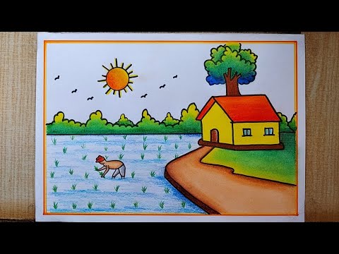 Paddy field with farmer scenery drawing| Village scenery drawing|Tree, bird,sun, House  drawing