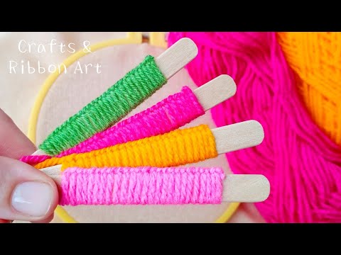 3 Super Easy Woolen Flower Making Trick Using Ice Cream Stick -Hand Embroidery Amazing Flower Design