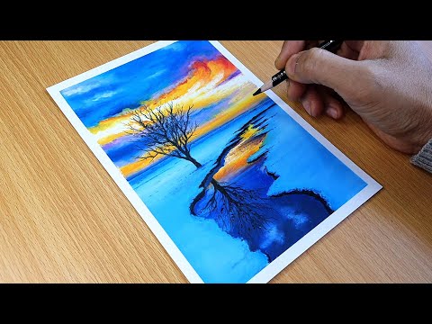 Oil pastel drawing for beginners | Drawing of nature | Sunset drawing