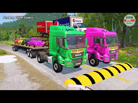 Double Flatbed Trailer Truck vs Train Tractor vs Train cars vs rails beamng dior games 615