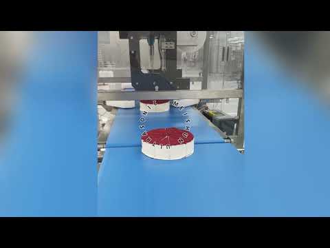Inline round cake cutting machine with the option of inserting cake dividers between cake slices