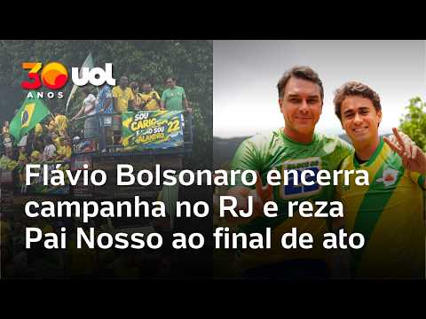 Flávio Bolsonaro encerra campanha no Rio de Janeiro e reza Pai Nosso ao final de ato