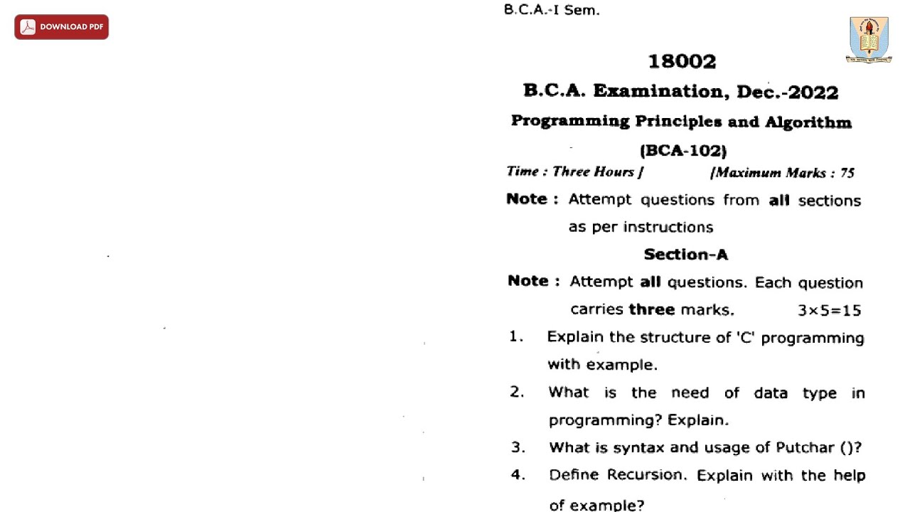 BCA 1ST SEM PROGRAMMING PRINCIPLES AND ALGORITHM DEC 2022 | CCSU
