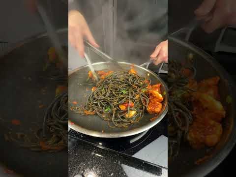 Squid ink shrimp pasta
