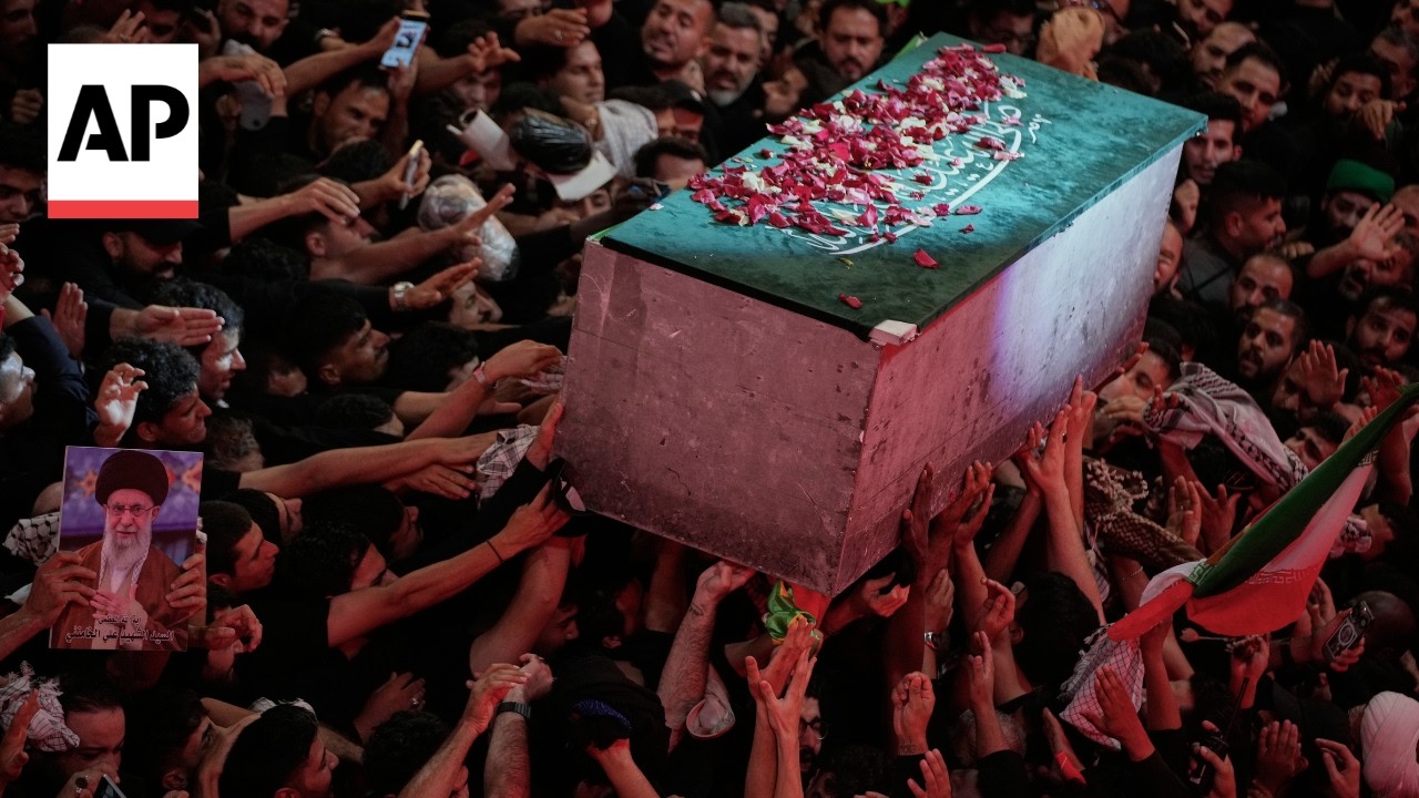 Video | Mourners cry, push toward coffin of Iran’s late Supreme Leader in Karbala