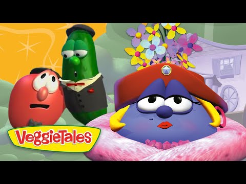 Purple veggie wearing a red hat and pink scarf sits center, with a green cucumber in a tuxedo and a red onion nearby in a bright VeggieTales scene.