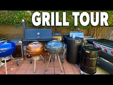 Todos os meus grelhadores e fumantes em um vídeo tour - Offset, Pellet, Kettle, Flat Top e muito mais