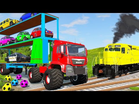 Flatbed Long Trailer Truck Speed Bumps Transport Car Rescue - Cars vs Train and Rails - BeamNG.drive