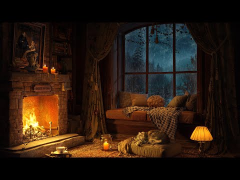 Rainy Night in Cozy Reading Nook 🌧️ Soft Jazz Music 🌧️ Heavy Rain, Fireplace Sounds for Sleeping 4K
