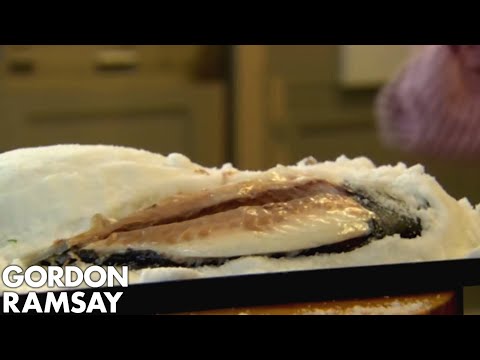 Salt Crusted Sea Bream with Braised Leeks and Hazelnuts | Gordon Ramsay