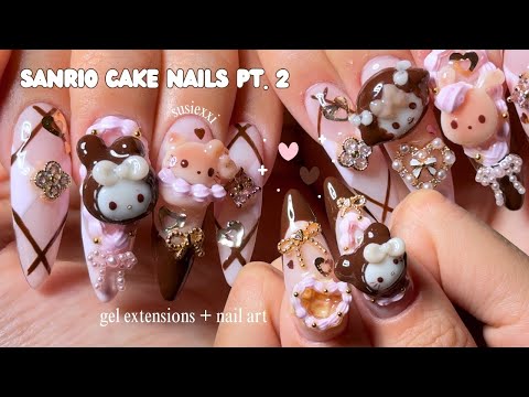 sanrio cake nails pt 2 🤎 fall nails, nail tutorial, handmade nail charms
