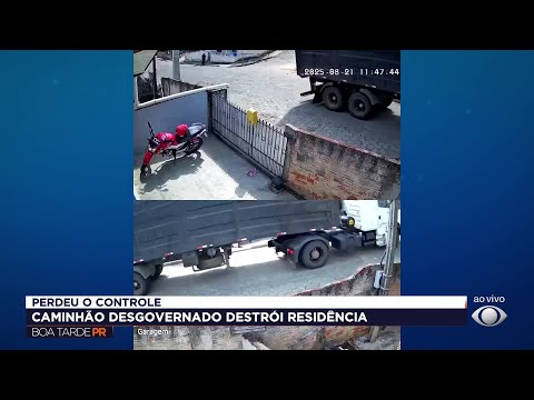 Carreta desgovernada destrói casa em São José da Boa Vista; vídeo mostra momento do acidente