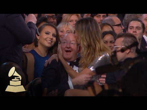 Heidi Klum Sits on the Lap of James Corden's Dad | Audience Cam | 59th GRAMMYs