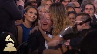 Heidi Klum Sits on the Lap of James Corden's Dad | Audience Cam | 59th GRAMMYs