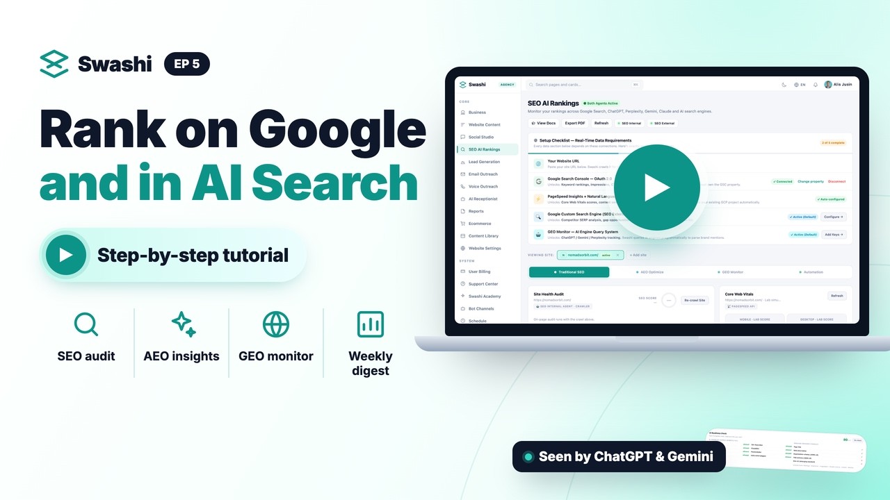Video thumbnail — Monitor SERP & AI rankings with Swashi, a Swashi tutorial