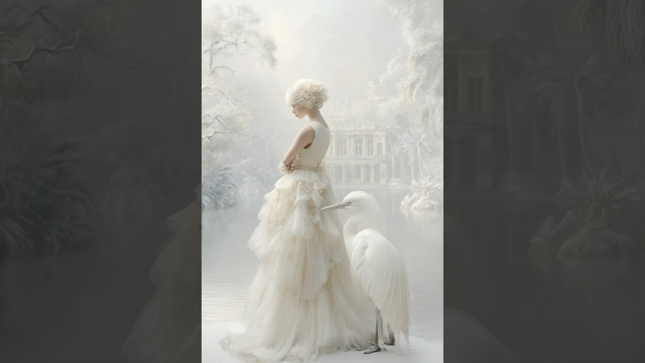 Luxury Spiritual Stock Image – Ethereal White Gown with Crane in Dreamlike Landscape 🤍