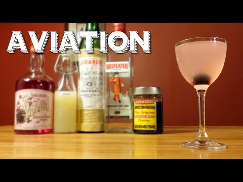 Aviation - Classic Cocktail with Gin, Maraschino Liqueur, Creme de Violette, Lemon Juice & Cherry
