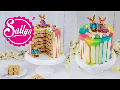 Drip Cake - Ostertorte mit bunten Regenbogenfarben und Schokoladen Häschen / Sallys Welt