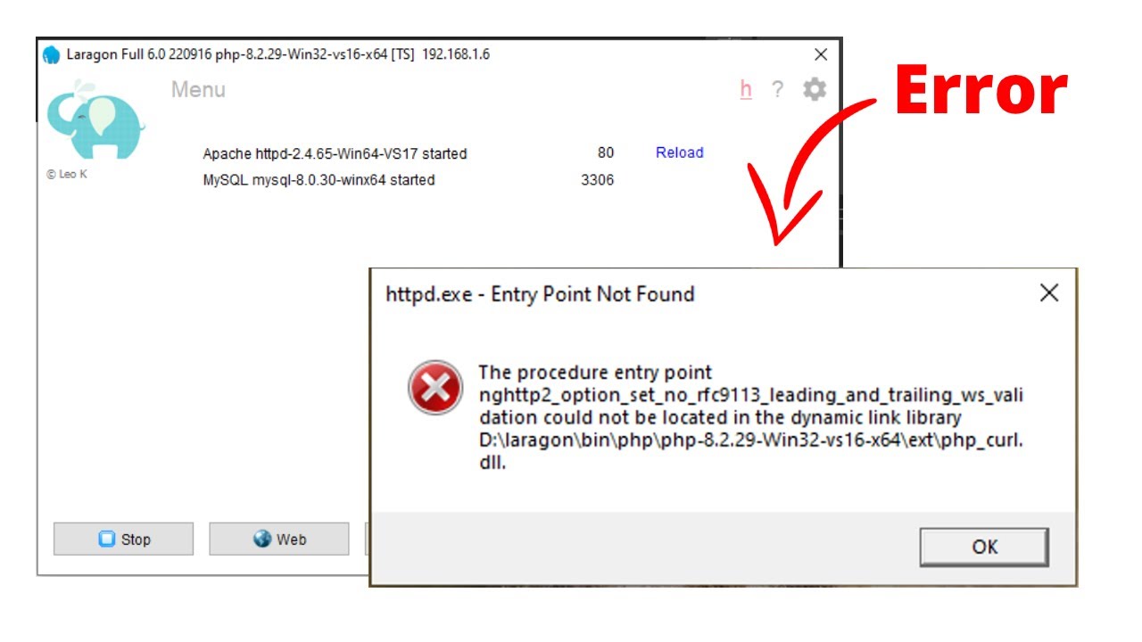 Laragon error httpd.exe Entry Point Not Found