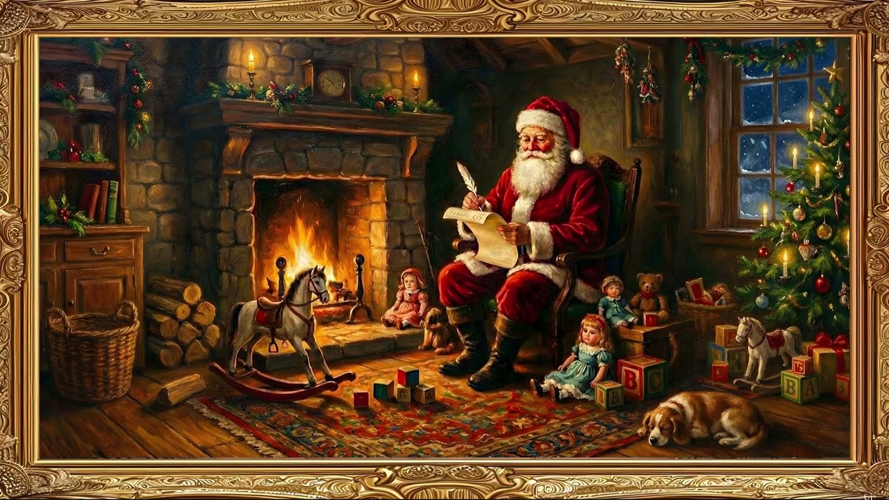 Santa Checking His List Christmas Fireplace Gold Frame TV Art | 2 Hours 4K — 4K ambient art screensaver in baroque gold frame
