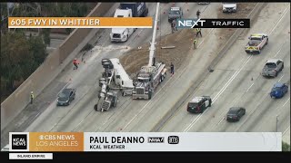 Traffic backups continue on the 605 Freeway in Whittier after dump truck crash