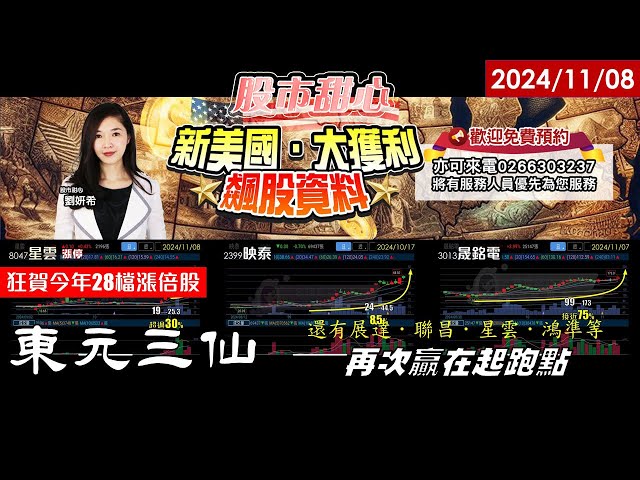 11/08【甜心盤後影音】新美國大獲利時代產業飆股集免費預約開放中！狂賀今年28檔漲倍股，東元三仙封神．映泰85%．晟銘電75%．聯昌．星雲．展達．鴻準漲不停