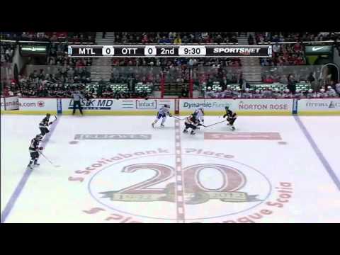 Brian Lee hits Travis Moen into the bench [HD] {Dual-Feed}