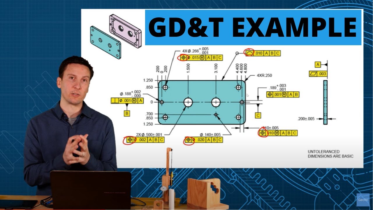 GD&T example: 2 parts with datums, position, and profile tolerance