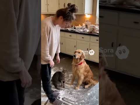 Кот устроил беспорядок на кухне и винит во все собаку#рекомендации #кот #sora2 #собака