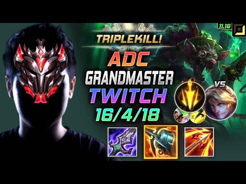 GrandMaster Twitch ADC vs Ezreal - 천상계 장인 원딜 트위치 템트리 룬 몰왕 치속 トゥイッチ Твич 瘟疫之源 圖奇 - LOL KR 11.16