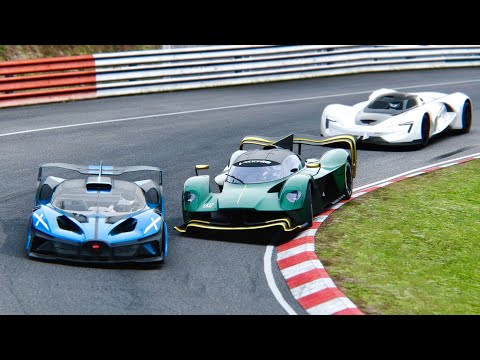Bugatti Bolide vs Aston Martin Valkyrie 2022 vs SRT Tomahawk at Nordschleife