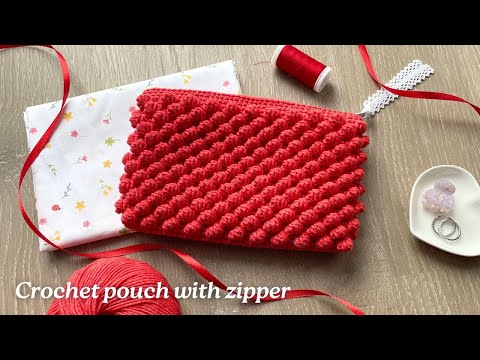 DIY. Crochet bobble stitch pouch bag with zipper and lining. Detailed tutorial.