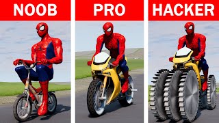 Spiderman on a motorcycle: NOOB vs PRO vs HACKER | BeamNG.Drive