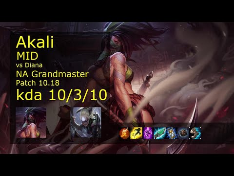 Akali vs Diana Mid - NA Grandmaster 10/3/10 Patch 10.18 Gameplay