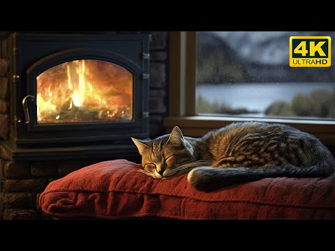 Relax with Purring Cat, Crackling Fireplace and Rain sound 4K ???? Sleep in Cozy Ambience