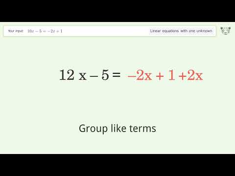Linear equation with one unknown: Solve 10x-5=-2x+1 step-by-step solution