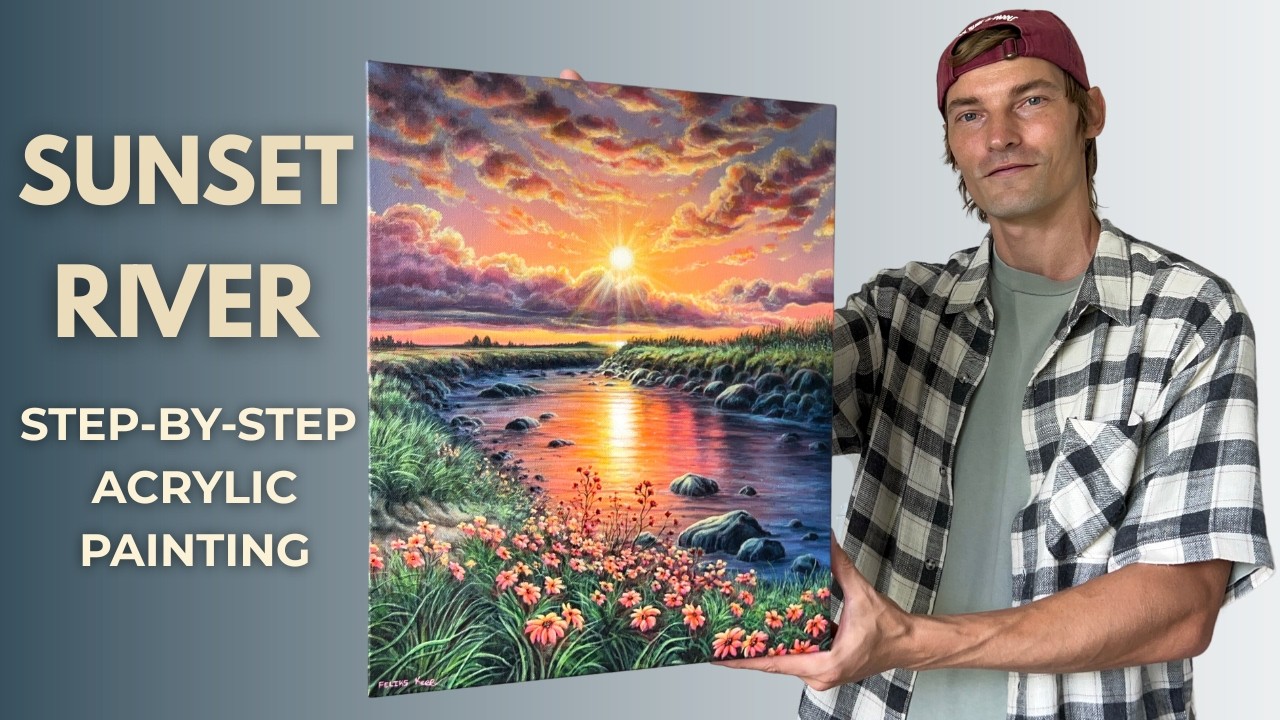 Sunset River Reflection STEP by STEP Acrylic Painting Tutorial