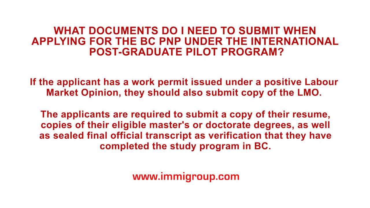What docs do I need to submit for the BC PNP under the International Post-Graduate Pilot Program?