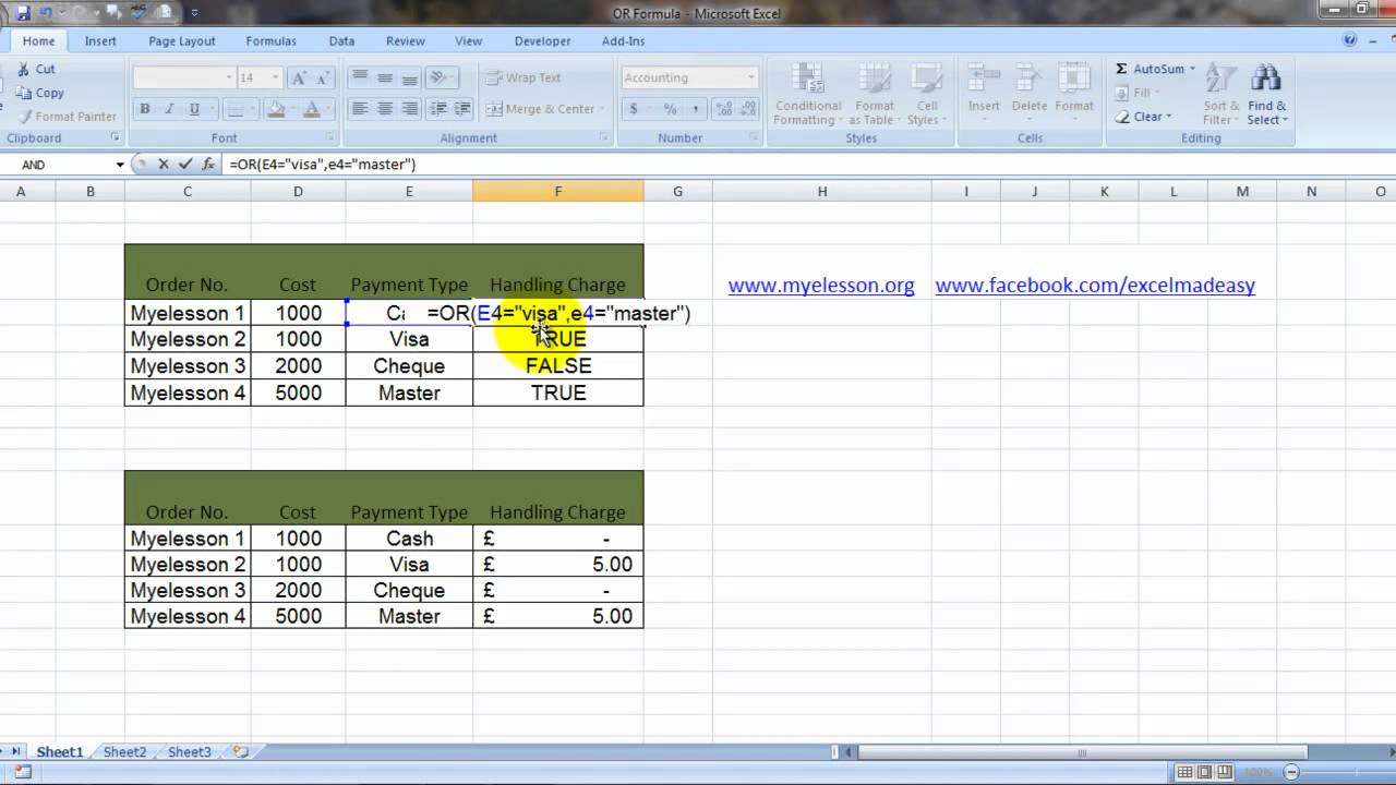 MS Excel : OR Formula English
