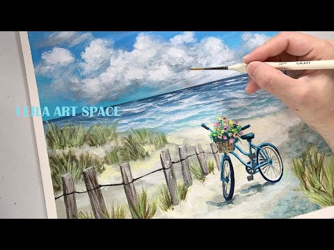 Bicycle with flower basket painting, Easy beach painting for beginners