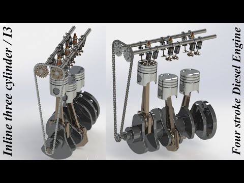 DOHC Inline three cylinder / i3 four stroke diesel engine animation using Solidworks & Photoview360