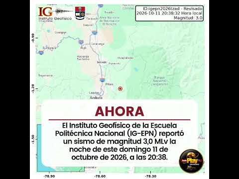 🔺️#Ahora - #Ecuador🇪🇨 ▶️ Sismo de magnitud 3,0 se registra cerca de Píllaro, Tungurahua
