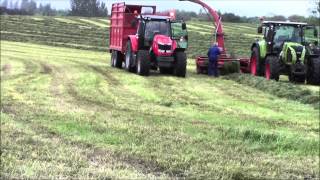 preview picture of video 'Claas Arion 650 and Massey Ferguson tractors lifting silage in the rain'