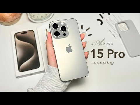 iPhone 15 pro (natural titanium) unboxing + setup  MagSafe accessories + phone stand ✨