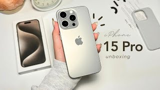iPhone 15 pro (natural titanium) unboxing + setup  MagSafe accessories + phone stand ✨