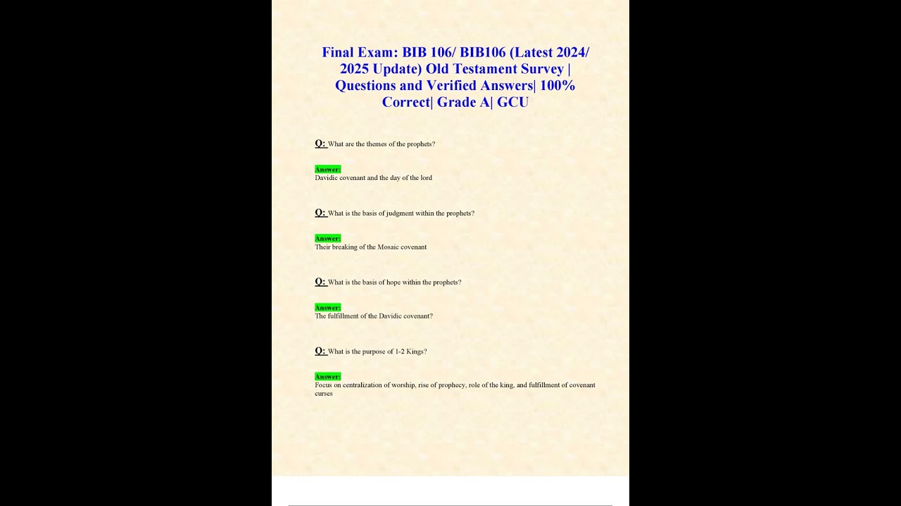 FINAL EXAM BIB 106 BIB106 LATEST 2024/2025 UPDATE OLD TESTAMENT SURVEY QUESTIONS AND VERIFIED ANSWER