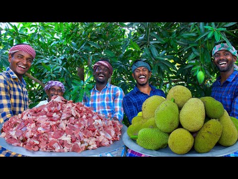 JACKFRUIT MUTTON | Raw Jackfruit Mutton Gravy Cooking in Village | Spicy Mutton Recipe Mutton Curry
