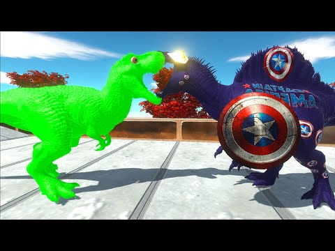 GREEN T-REX vs CAPTAIN AMERICA SPINO DEATH FALL - Animal Revolt Battle Simulator