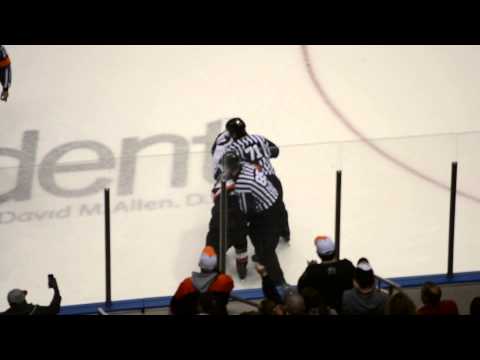 Komets' Kaleigh Schrock fights Wings' Yann Sauve