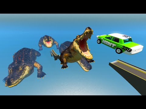 Jumping Cars Over The Crocodiles - BeamNG.Drive